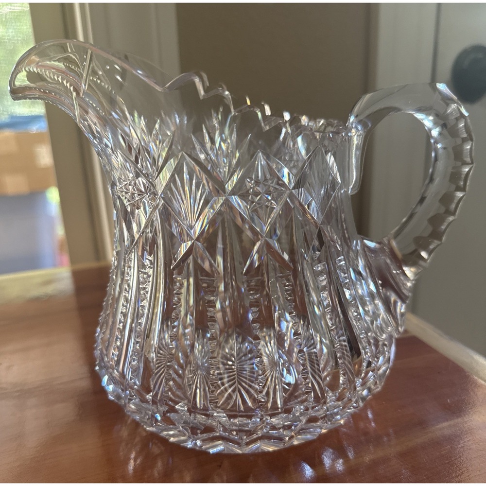 Libbey American Brilliant Cut Glass Pitcher Triple Notched Handle Signed